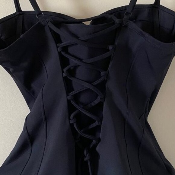 Black One-Piece Swimsuit Cinched Lace-Up Waist - Picture 5 of 9
